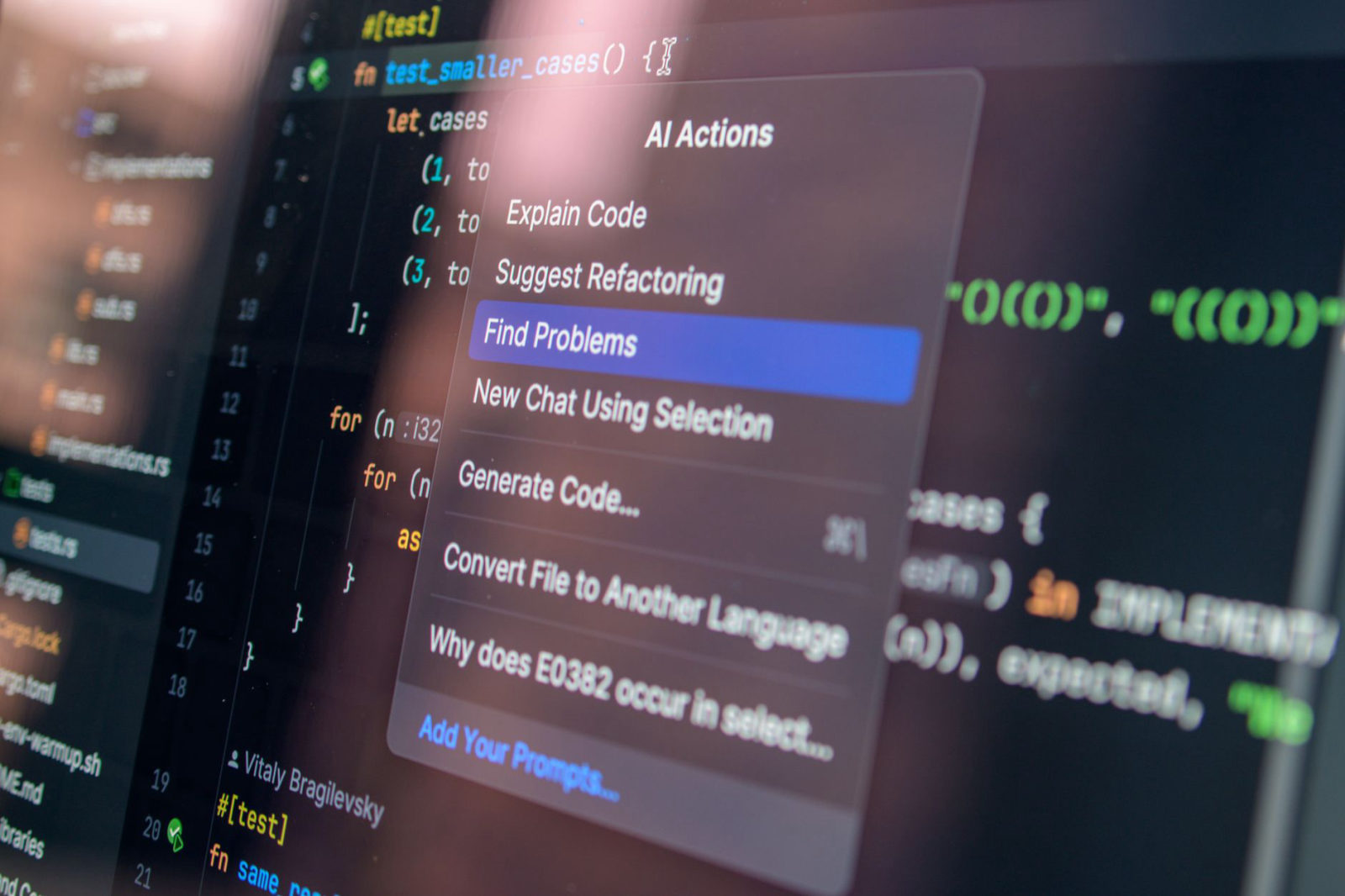 A developer's screen showing an AI-powered code assistant menu with options like 
