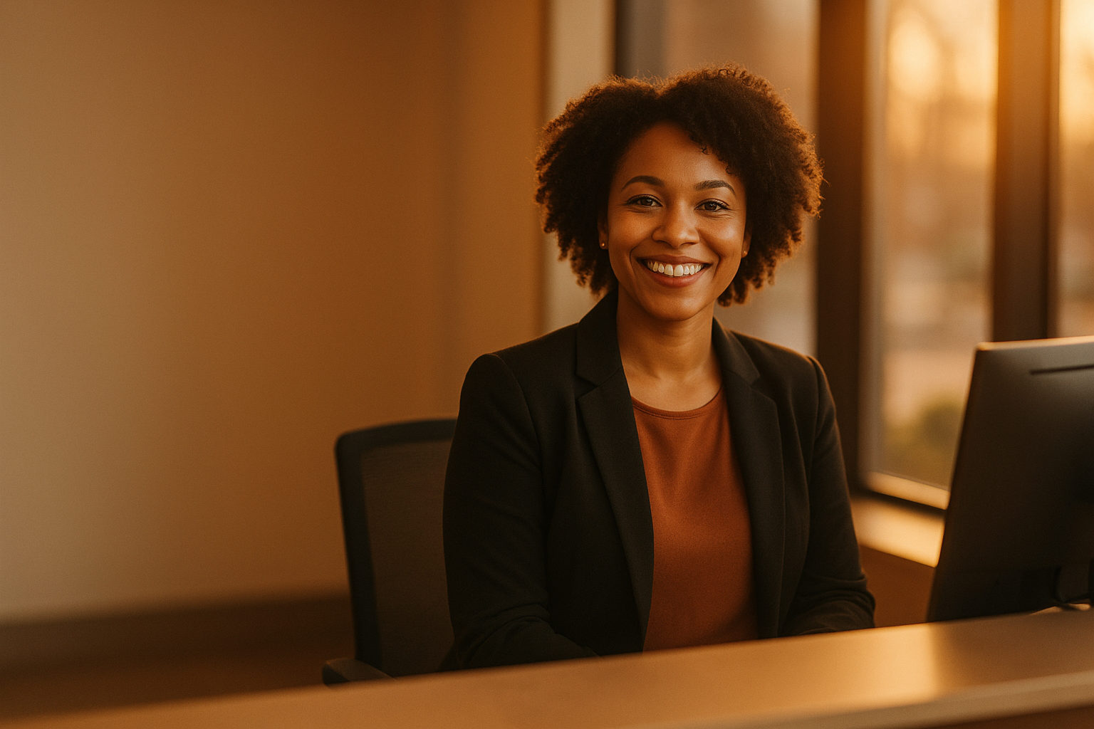 Warm, welcoming professional receptionist in golden-hour light at a modern front desk